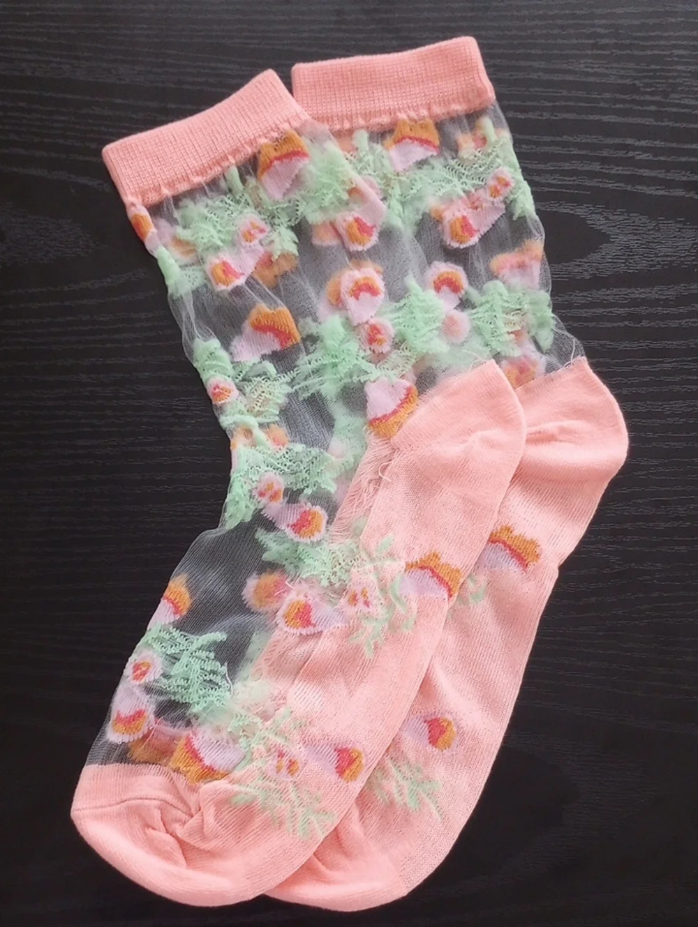 Coral Orange Pink Green Sheer Floral Mid calf Socks